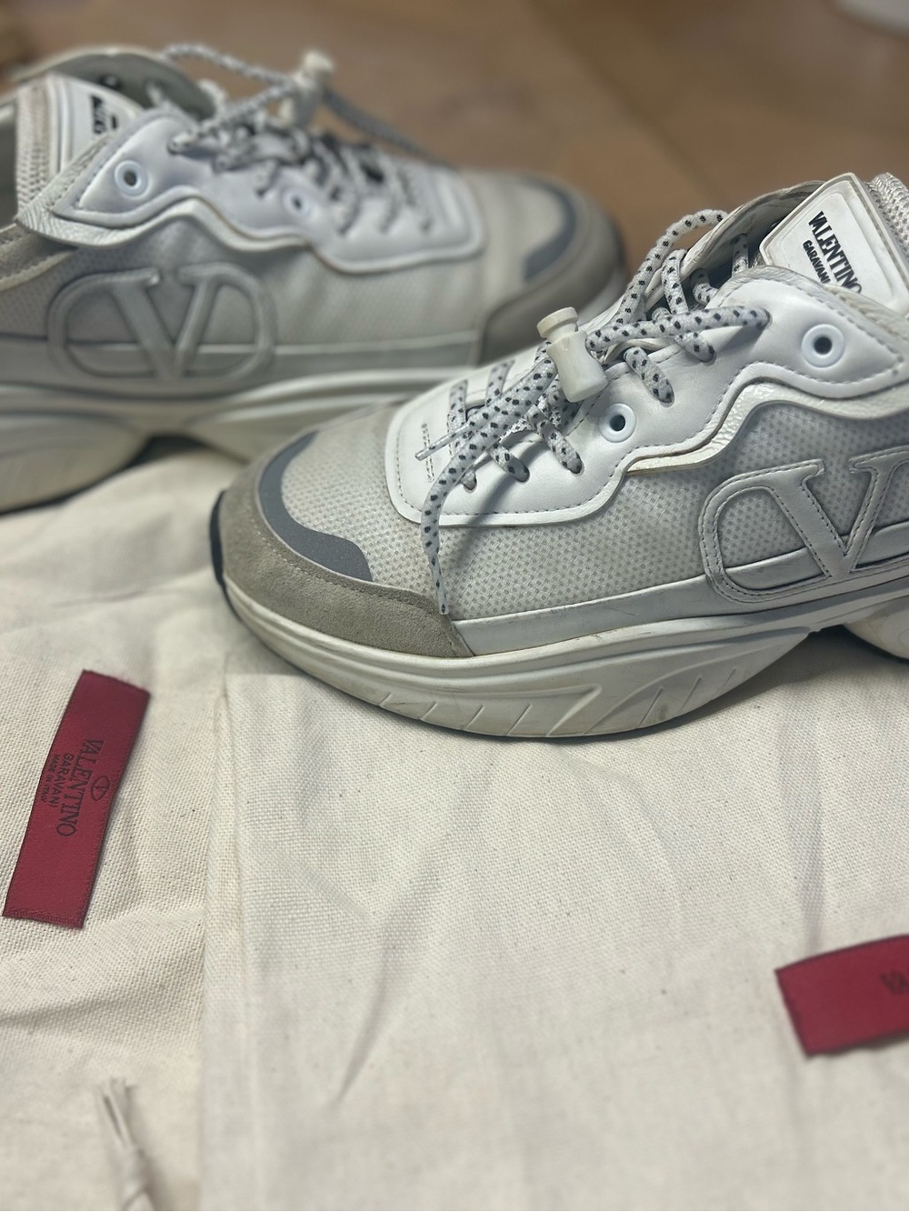 Valentino White and Light Gray Chunky Lace-Up Sneakers